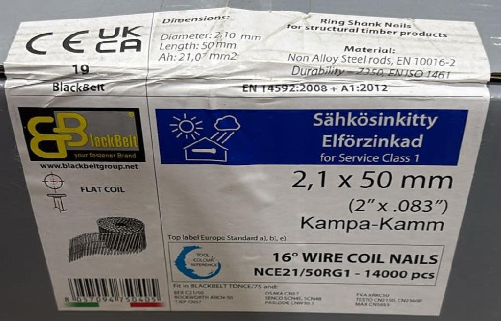 2.1 x 25mm - 50mm Galvanised, Ring, 15 Degree Flat Wound Coil Nails