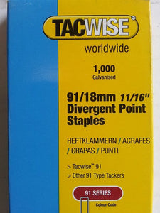 91 Series 18mm - 22mm Divergent Point Galvanised Staples.