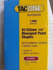 91 Series 18mm - 22mm Divergent Point Galvanised Staples.