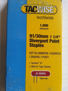 91 Series 18mm - 22mm Divergent Point Galvanised Staples.