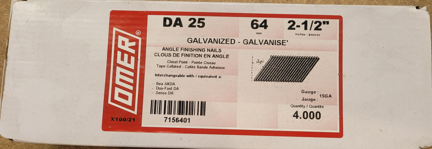 DA/ Inclined 34 Degree 15 Gauge Galvanised Finish Nails